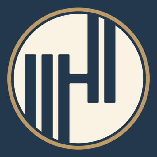 Icône de logo Hyppa Events, monogramme stylisé bleu marine et crème dans un cercle doré. Agence événementielle haut de gamme basée à Angers, intervenant en Pays de la Loire et dans tout le Grand Ouest, et boutique de box décoration livrée partout en France.